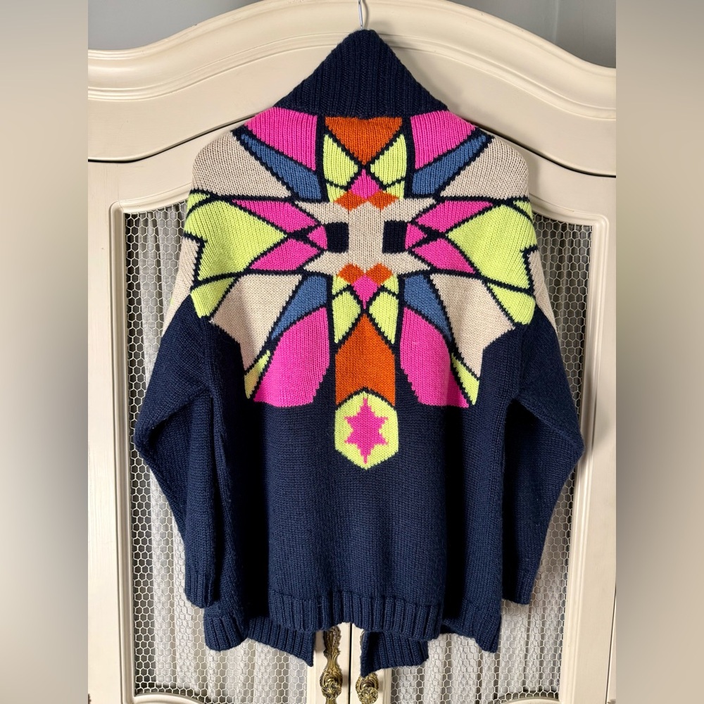 Mara Hoffman Alpaca Blend Navy Blue Neon Intarsia Geometric Statement Cardigan